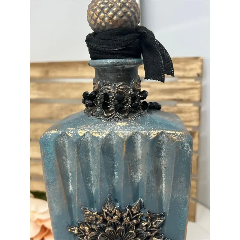 Handcrafted Fairy Art Décor Bottle in Teal with Black Beaded Accent